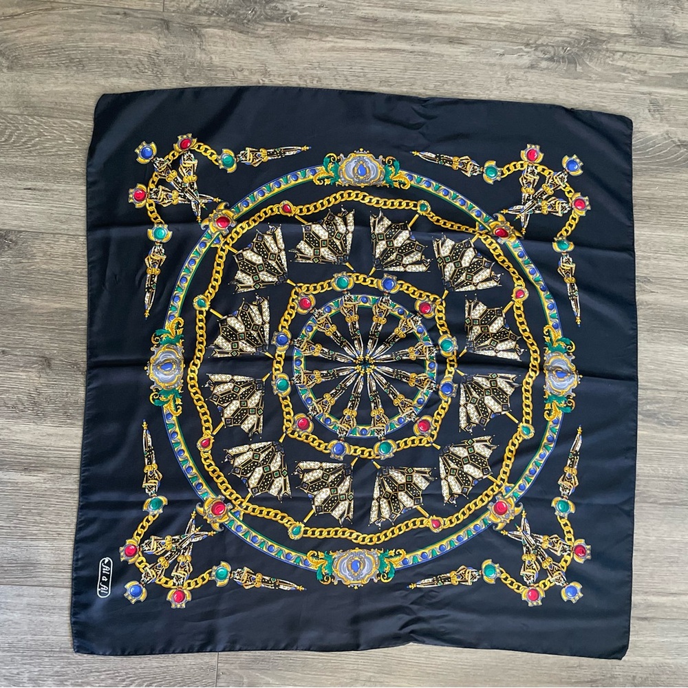 Fil a Fil silky vintage scarf black gold 35” square